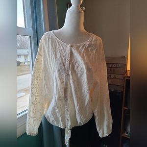 Free People Eyelet 3/4 sleeve button down top drawstring boho cotton peasant top